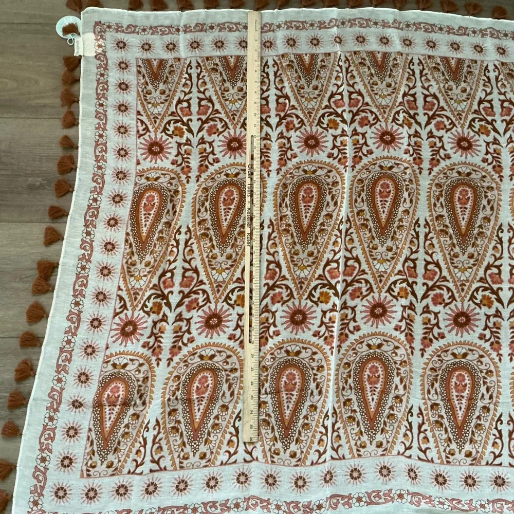 Spartina 449 Scarf Womens White Brown Paisley Tassel Trim Square Lightweight